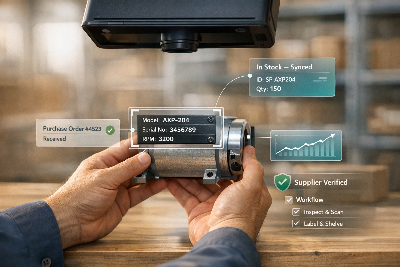 Hands holding a spare part with AR-style overlays for stock, verification, and analytics