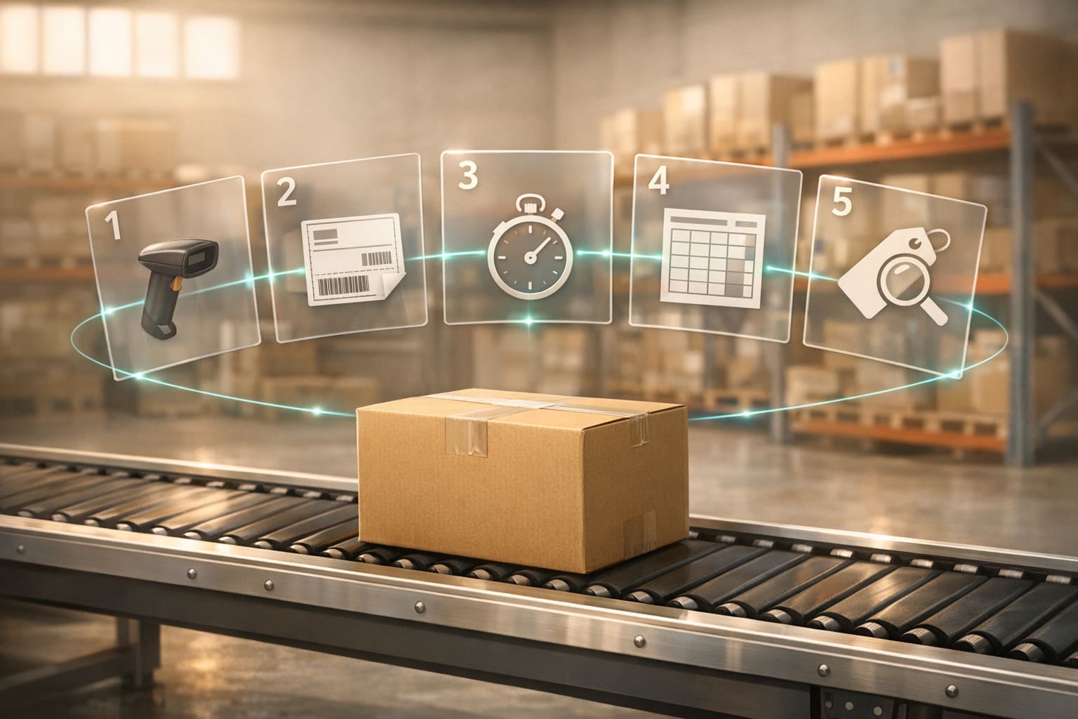 Cardboard box on a roller conveyor with five numbered icons floating above it: a scanner, a barcode label, a stopwatch, a spreadsheet and a price tag