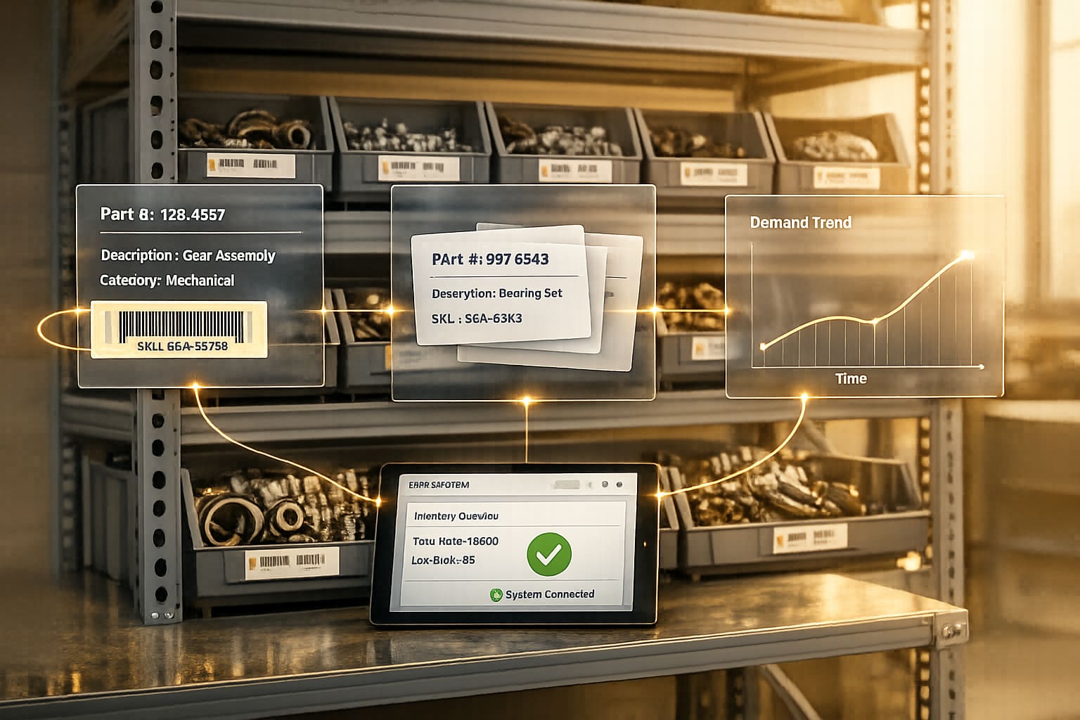 Warehouse shelving full of parts bins, overlaid with cards showing part numbers, descriptions, a barcode, a demand-trend chart and a tablet reporting a connected system