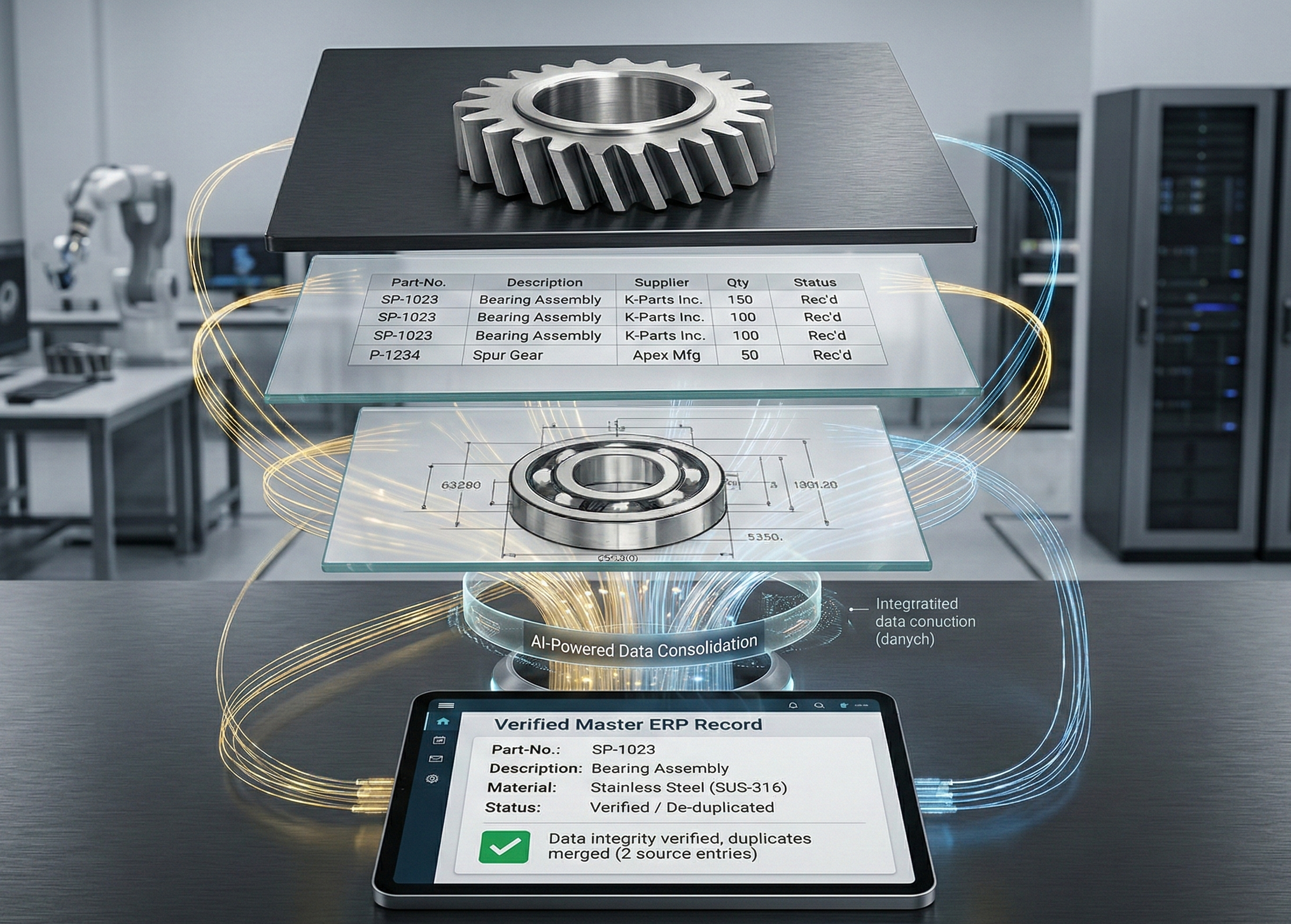 Spare parts data workflow: photos, tables and technical drawings merged into a single ERP item with duplicates removed