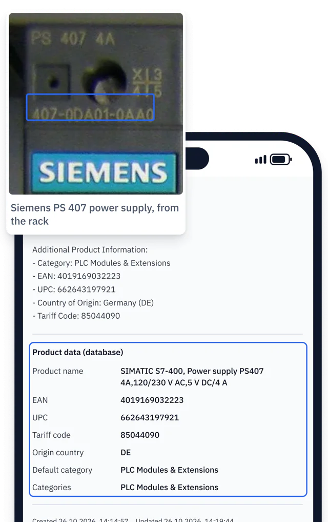 Siemens PS 407 module over the AutomaSnap item screen with its EAN, UPC, tariff code and generated listing