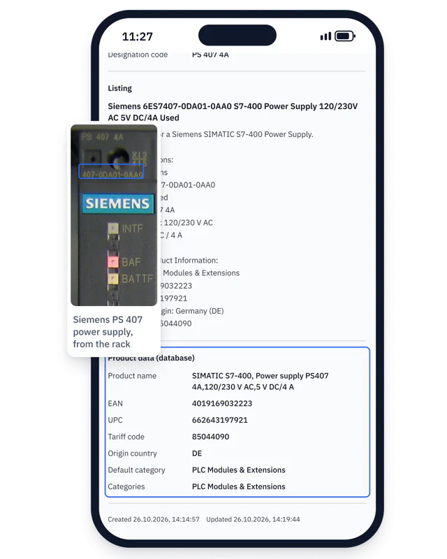 Siemens PS 407 module over the AutomaSnap item screen with its EAN, UPC, tariff code and generated listing
