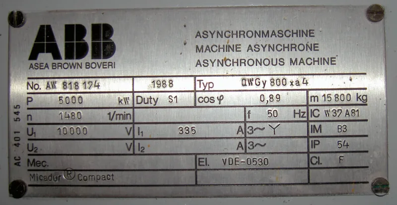 Engraved ABB asynchronous machine nameplate in three languages