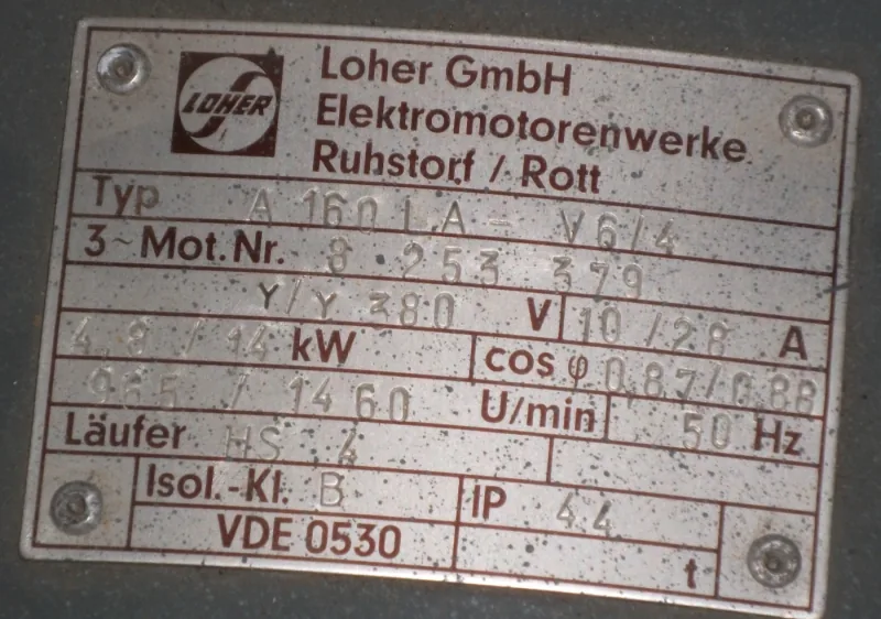 Phone photo of a worn Loher motor nameplate