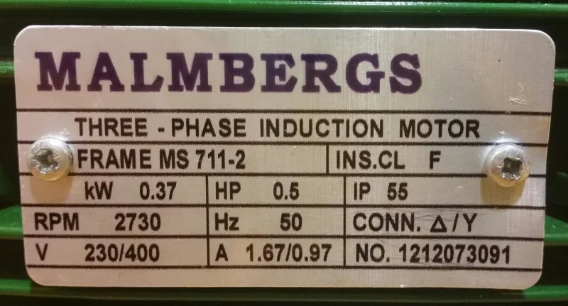 Printed Malmbergs three-phase induction motor label