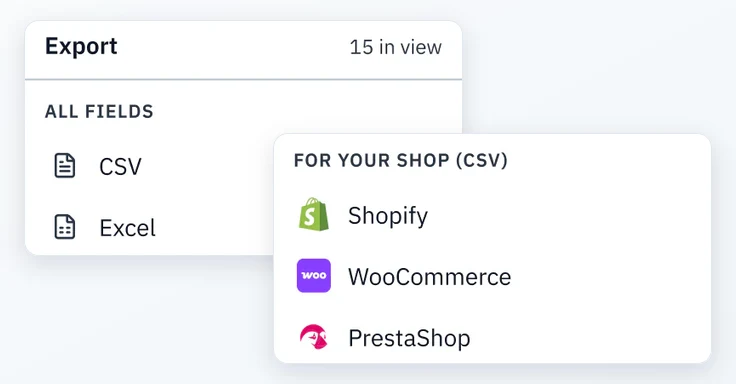 AutomaSnap export menu: CSV and Excel for all fields, and import files for Shopify, WooCommerce and PrestaShop