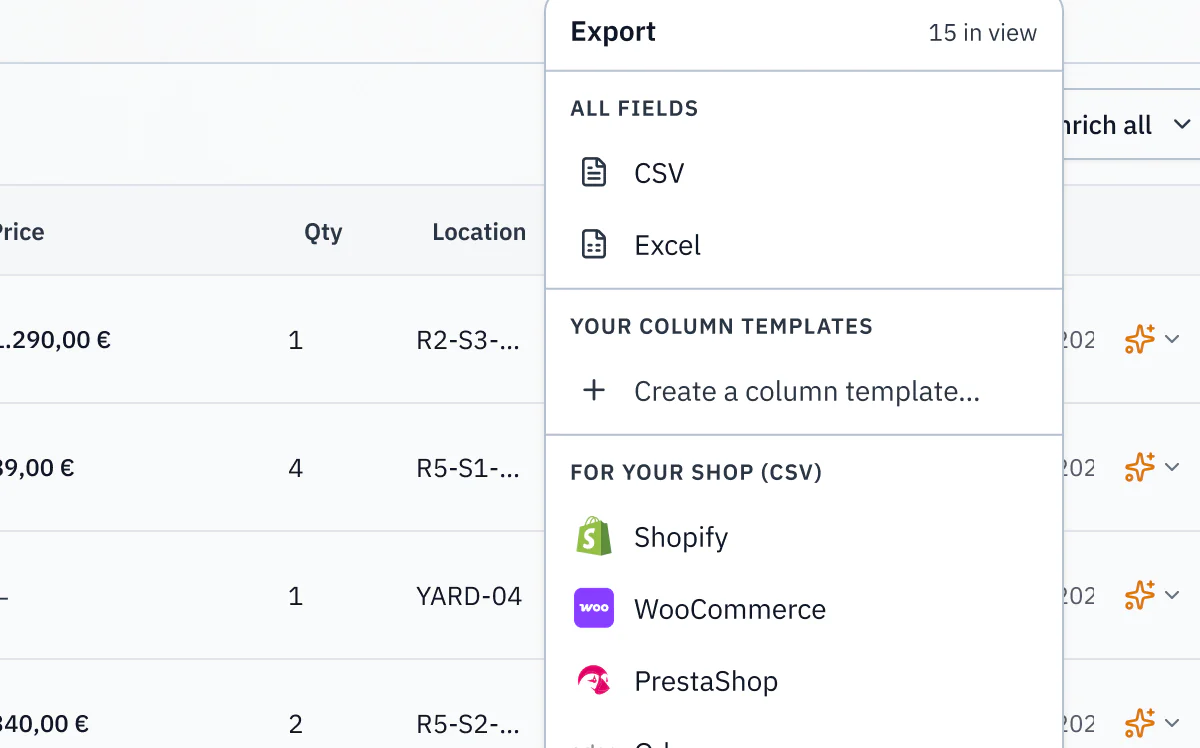 AutomaSnap export menu with CSV, Excel, Shopify, WooCommerce and PrestaShop