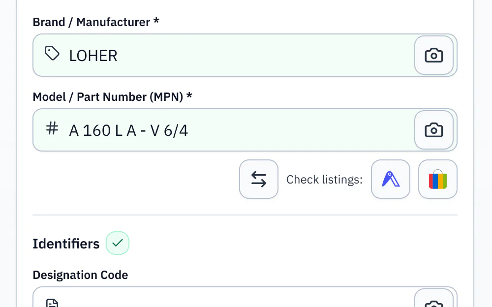 AutomaSnap fields filled from that plate: brand LOHER, MPN A 160 L A - V 6/4, serial 8 253 379