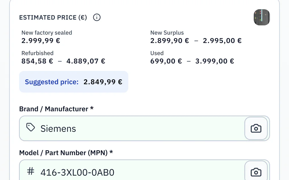 AutomaSnap price ranges for a Siemens CPU 416-3 in four conditions with a suggested price of 2,849.99 euro