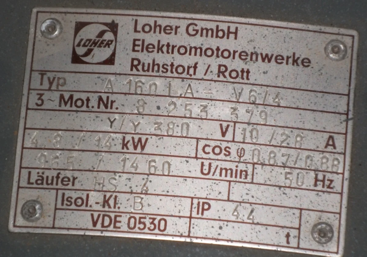Worn, embossed Loher GmbH motor nameplate: type A 160 LA - V6/4, motor number 8 253 379, 380 V, 965/1460 rpm, IP 44