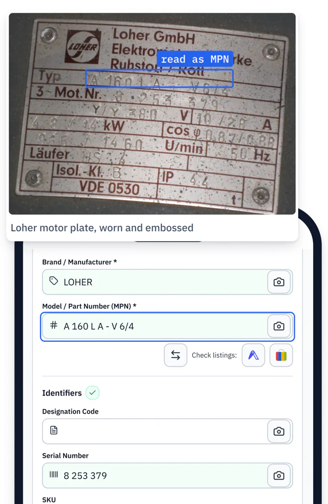 Worn Loher motor plate over the AutomaSnap review screen with brand, MPN and serial read from it