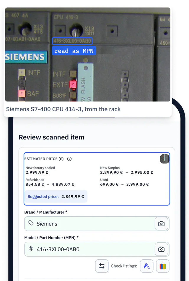 Photo of a Siemens CPU 416-3 over the AutomaSnap review screen with its price ranges in four conditions