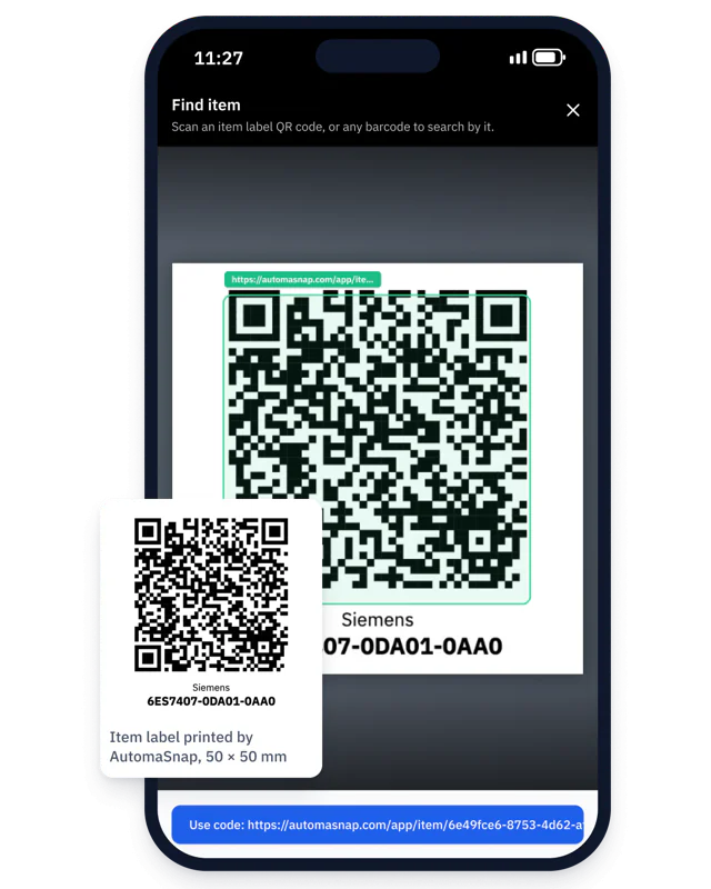 AutomaSnap item label for a Siemens 6ES7407-0DA01-0AA0 with a QR code, next to the AutomaSnap scanner on a phone that has detected the QR code and offers to open the item